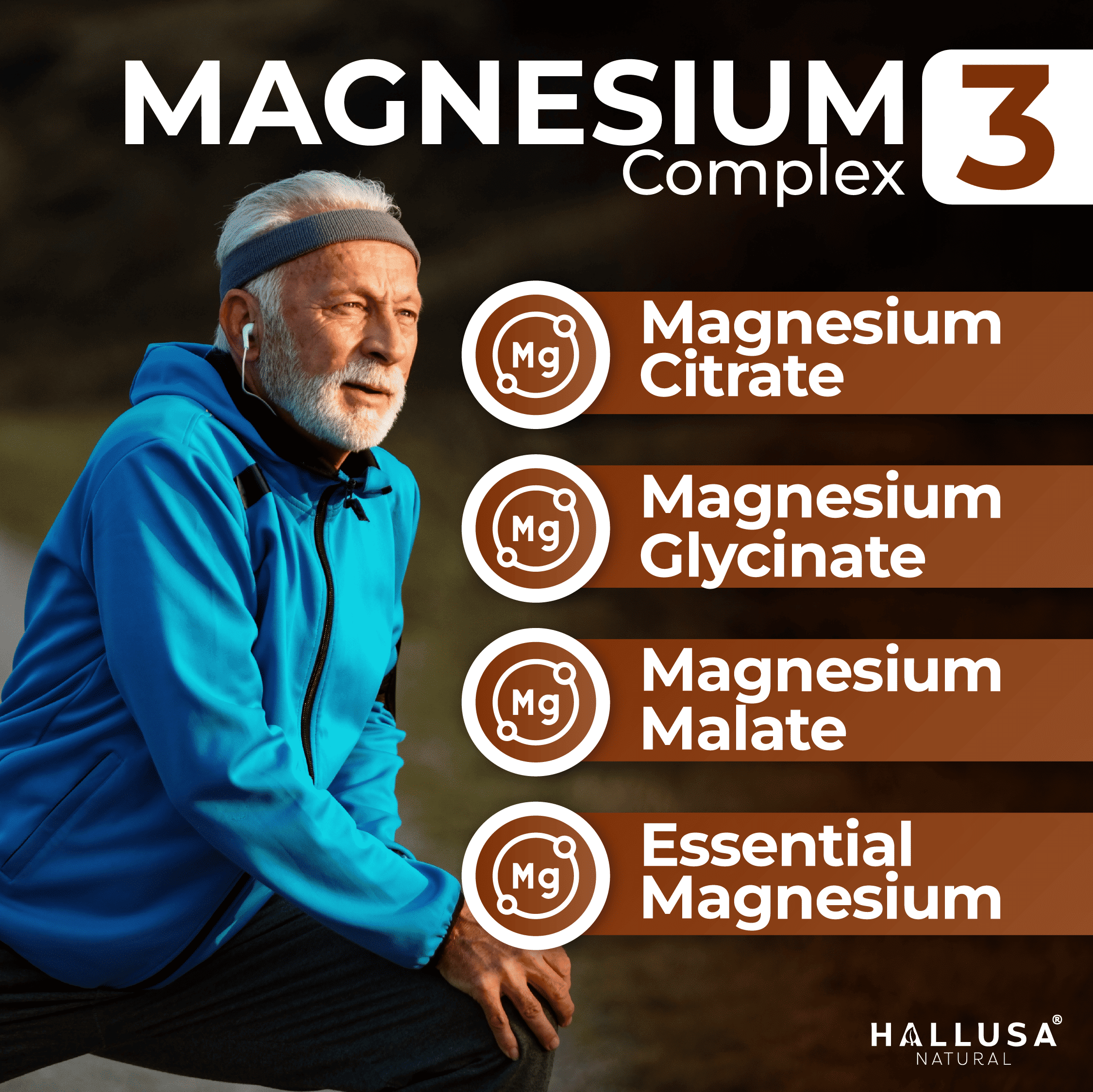 HALLUSA NATURAL Magnesium Complex Capsules 135mg with Malate, Citrate, Glycinate - 60 Count