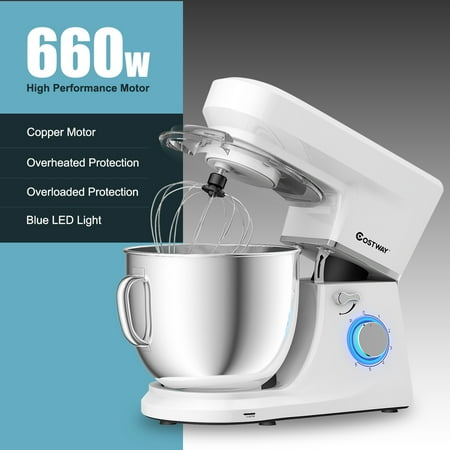 Costway - Tilt-Head Stand Mixer 7.5 Qt 6 Speed 660W with Dough Hook, Whisk & Beater - White