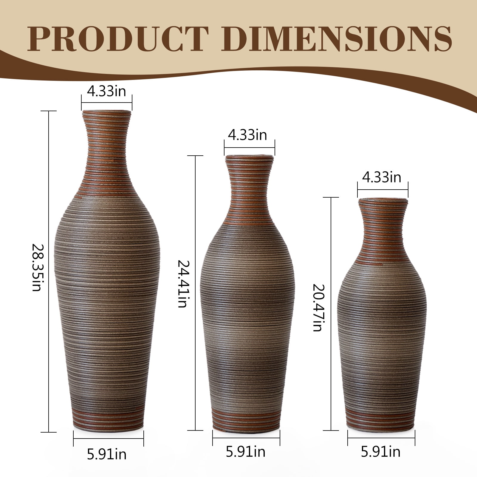 Aukfa Tall Floor Vase Set of 3, Extra Large Metal Decorative Vases for Living Room Dining Room Bedroom,Brown Grey