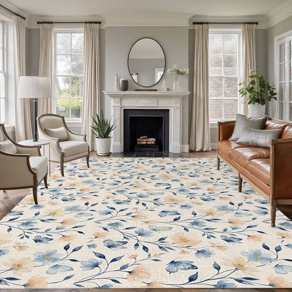 Large Area Rugs for Living Room Bedroom, Blue Pink Flowers 8'x10' Rug Washable Carpet Runner Indoor Outdoor, Spring Floral Elegant Pastoral Rustic Non Slip Floor Mats Rug for Kitchen, Patio