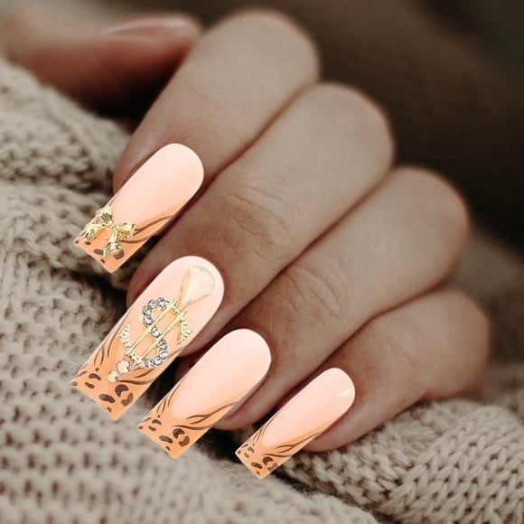 KONTONTY French Tip Press on Nails Leopard Print Design with Long Coffin Shape and Gold Bow Accents