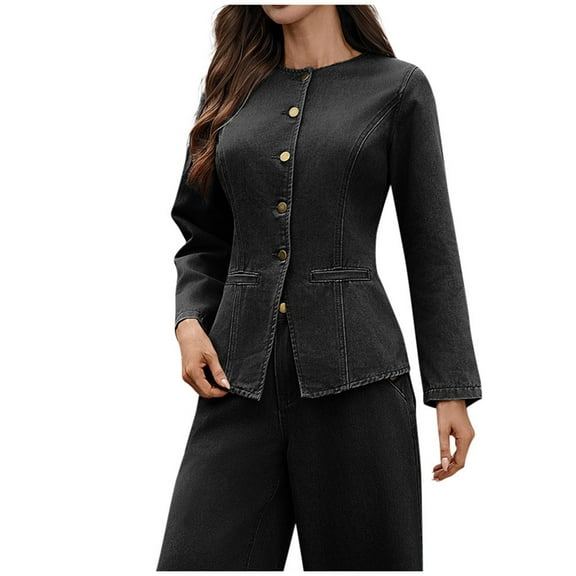 XPMWRP Women's Solid Color Long Sleeve Peplum Denim Casual Slim Jackets Round Neck Button Down Cropped Ruffle Hem Jacket Black L