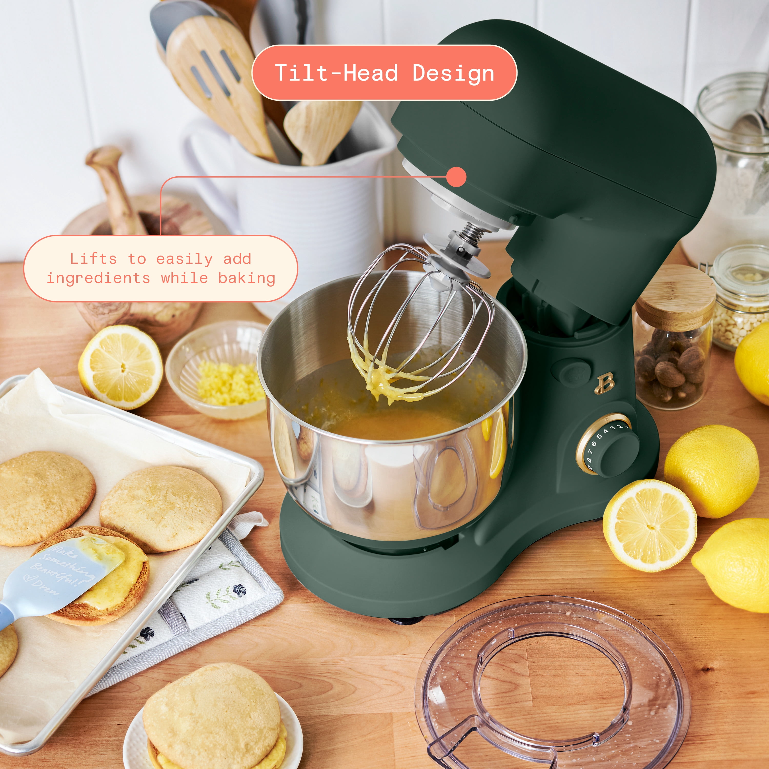 Beautiful 3.5 Qt Stand Mixer with Flat Beater, Dough Hook, Balloon Whisk, Thyme Green by Drew Barrymore