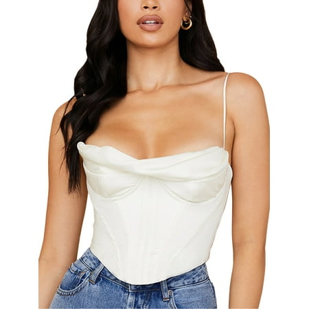 

wybzd Women s Vintage Corset Crop Tops Strap Satin Heap-neck Fishbone Pleated Y2K Bustier Streetwear White M