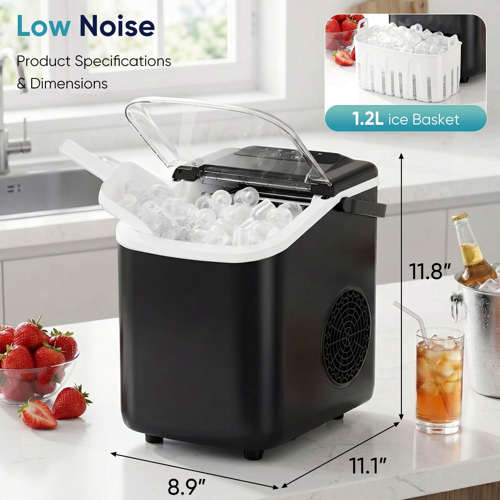 ZHICHUN Portable Desktop Ice Maker 6-8 Mins Fast Ice Machine with Handle Basket Spoon Self-Cleaning
