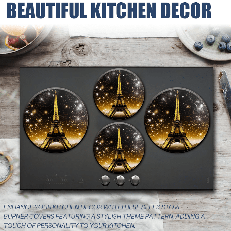 BaHomeck Electric Stove Burner Covers Set of 4,Round Metal Gas Stove Burner Covers 8 Inch and 10 Inch,Kitchen Decor,Eiffel Tower With Gold And Black Background