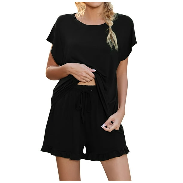Traje de cuello redondo de manga corta de color sólido de verano para mujer Conjunto de pantalones cortos casuales Conjunto de pijama de chándal Fridja fhjkhfk459661