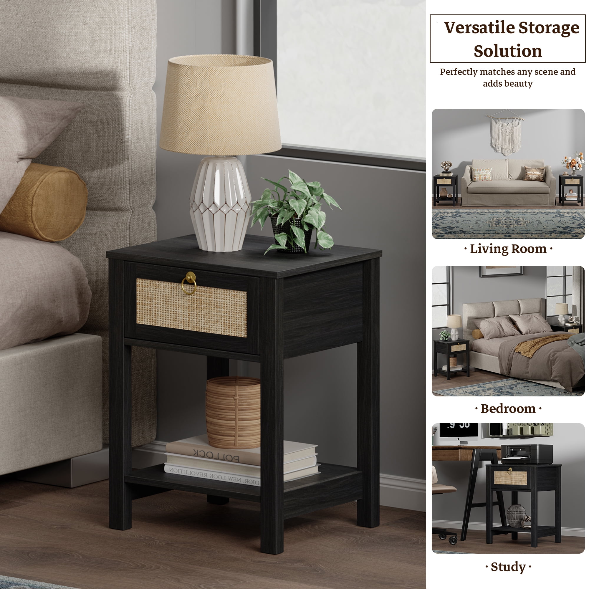 Surmoby 17.72"W Small Boho Nightstand Set of 2 with Rattan Drawer & Open Shelf, Coastal Farmhouse Bedside Table for Bedroom,Black