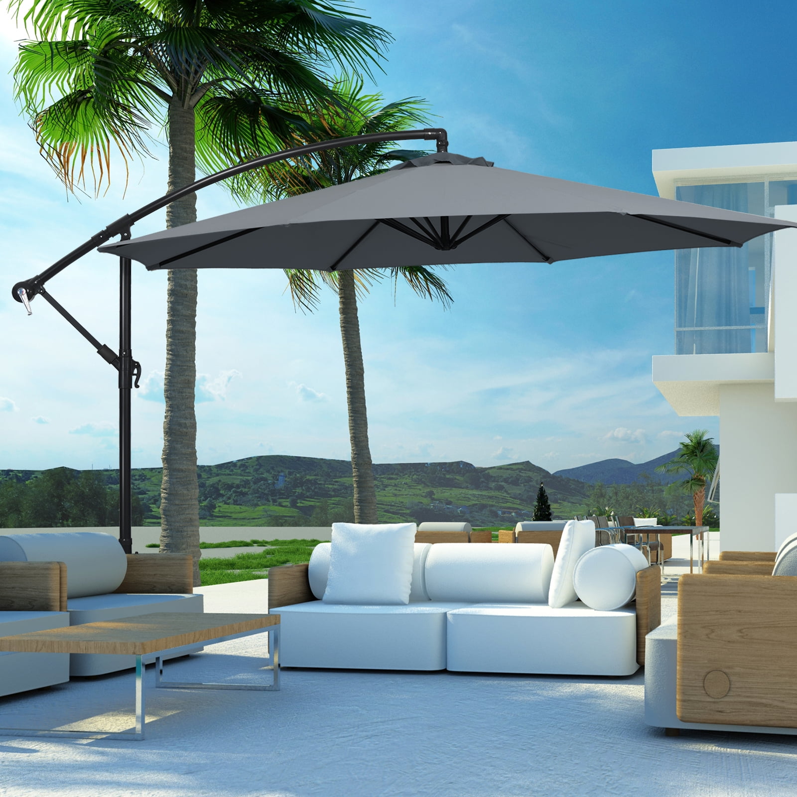 Patiojoy 10FT Patio Offset Umbrella 8 Ribs Cantilever Umbrella w/Crank for Poolside Yard Lawn Garden Gray