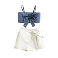 thumbnail image 2 of Yunliwuli Kids Girls Summer 2-piece Outfit Solid Color Sleeveless Bow Denim Camisole and Elastic Casual Skirt Shorts Set, 2 of 10