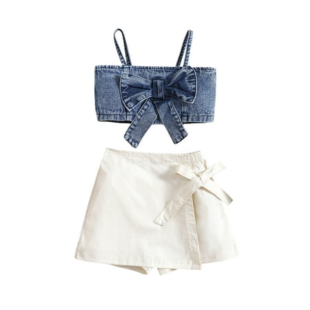 

Kids Baby Girls Summer 2Pcs Outfit Solid Color Sleeveless Bow Denim Camisole Elastic Casual Skirt Shorts Set