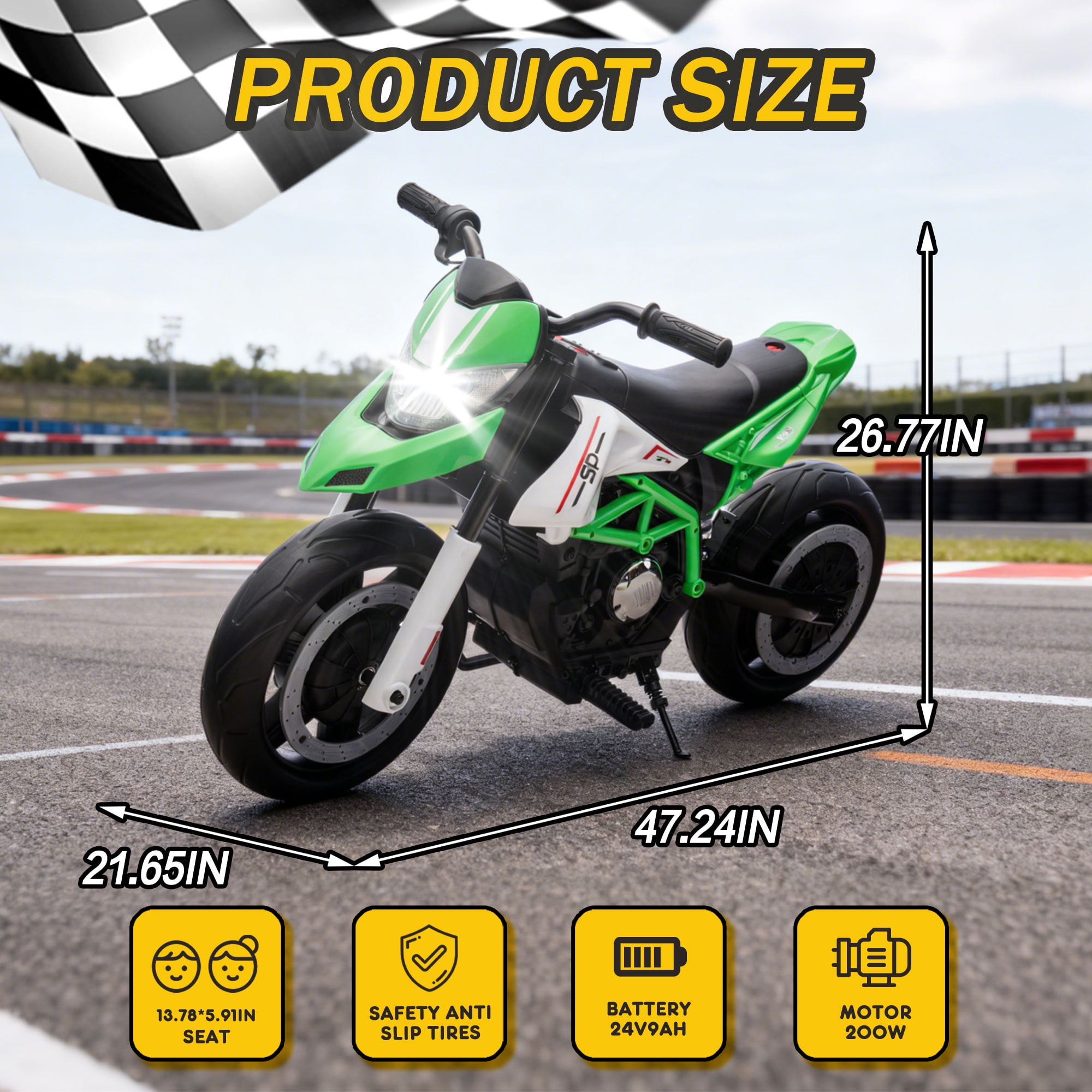 Xuanlur 24V 9AH Electric Motorbike, 9 mph & 110lb Max, 200W Ride on Motorcycle for Big Kids w/EVA Tires, LED Lights & Power Display, 2 Speed, Bluetooth, Music, Electric Motorcycle for Ages 6+, Green