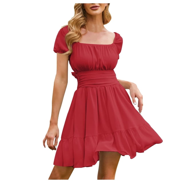 XDZJLR Robes pour Femmes à Nouer dans le Dos, Encolure Carrée, Manches Courtes Bouffantes, Robe Trapèze Courte