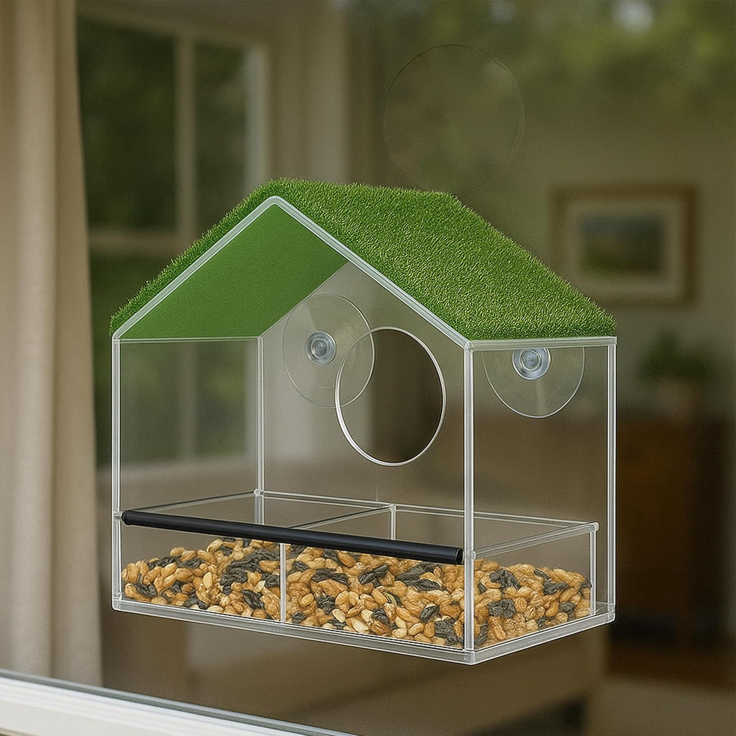 KNUTI Window House Bird Feeder with Strong Suction Cups and Detachable Seed Tray Large Bird Watching Transparent Bird Feeder for Outside