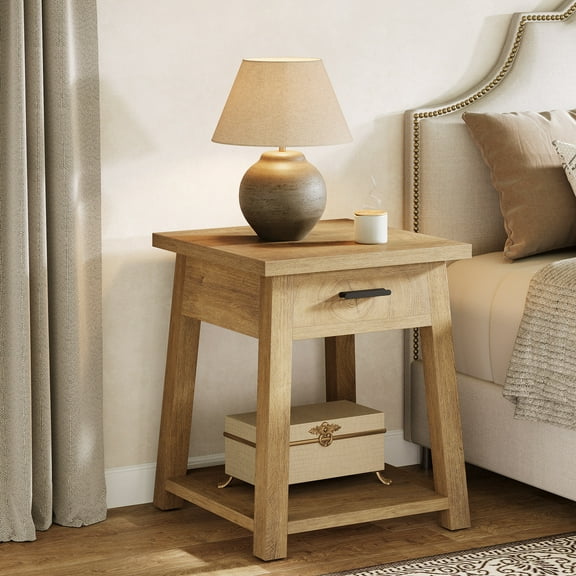 Tribesigns Small Nighstand with Drawer, 19.7-inch Farmhouse Wood Bedside Table  with Open Storage Shelf for Bedroom,Living Room, Rustic Brown