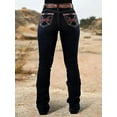 thumbnail image 2 of Women's deep blue stretch embroidered flared outdoor denim fashion jeans, 2 of 2