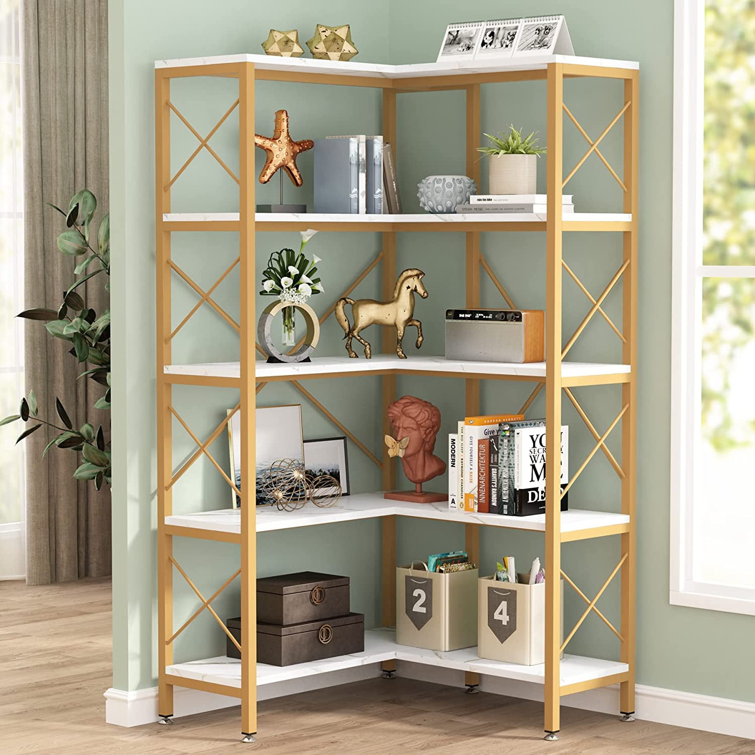 Tribesigns 5Shelf Corner Bookshelf, Large Industrial Corner Bookcase