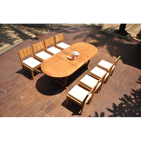Grade-A Teak Dining Set: 8 Seater 9 Pc: 94" Mas Oval Trestle Leg Table And 8 Veranda Armless Chairs Outdoor Patio WholesaleTeak #WMVR77