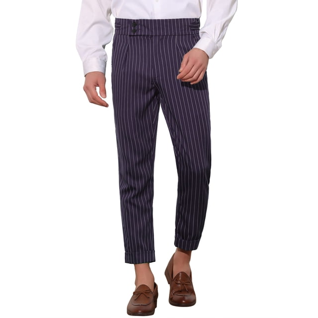 INSPIRE CHIC Pantalon Habillé à Rayures pour Homme, devant Plissé, Affaires, Fuselé, Court, 36, Bleu Marine
