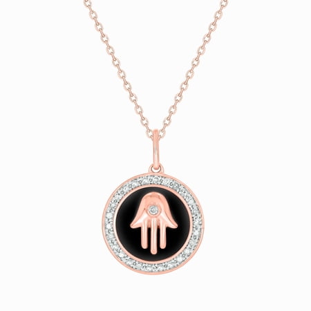 Cali Trove Diamond Hamsa Pendant Necklace 1/6 Ct in Black Ceramic and Rose Gold Vermeil