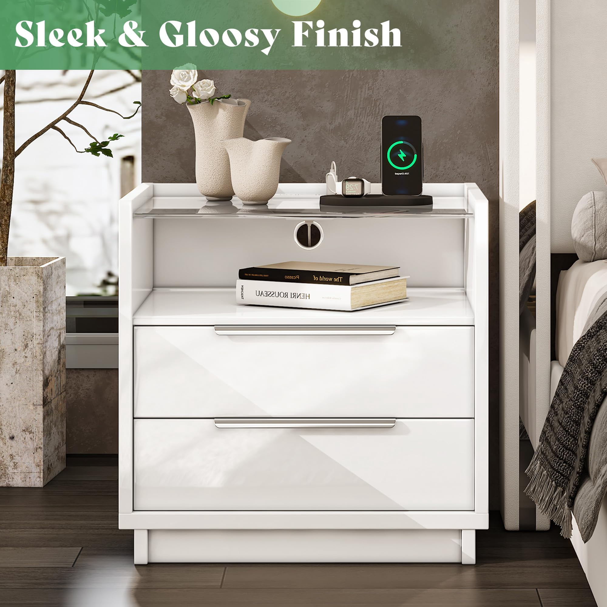 Papajet 23.6" Nightstand Set of 2, High Gloss End Table with Glass Tabletop, Modern Bedside Table with Charging Station for Bedroom, Cream & Gray