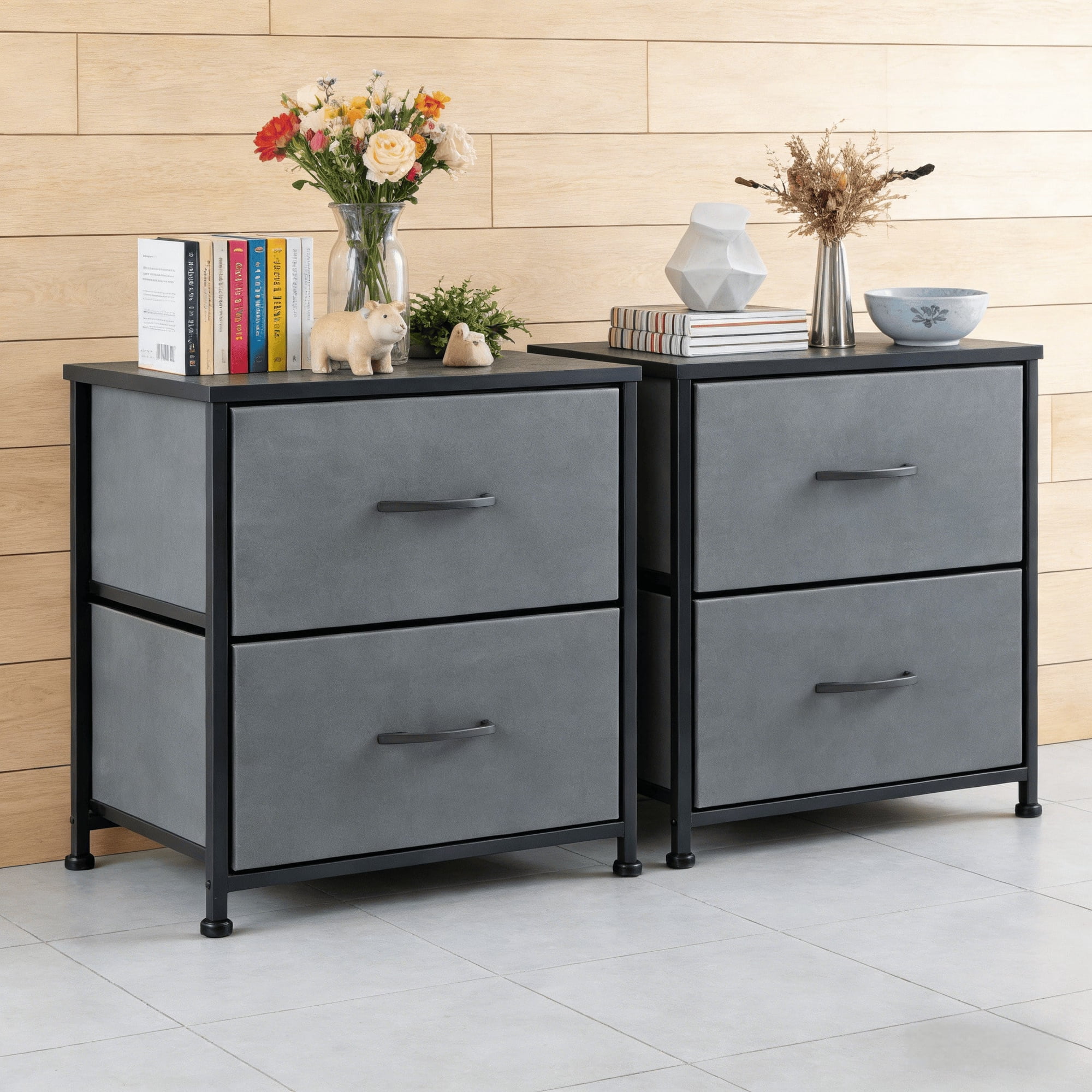 Nightstand With 2 Fabric Drawers Multifunctional Bedside Side End Table Compact Night Stand With Storage Drawers Sturdy Frame Fabric Dresser Space-Saving Lightweight Bedroom Furniture For Bedroom