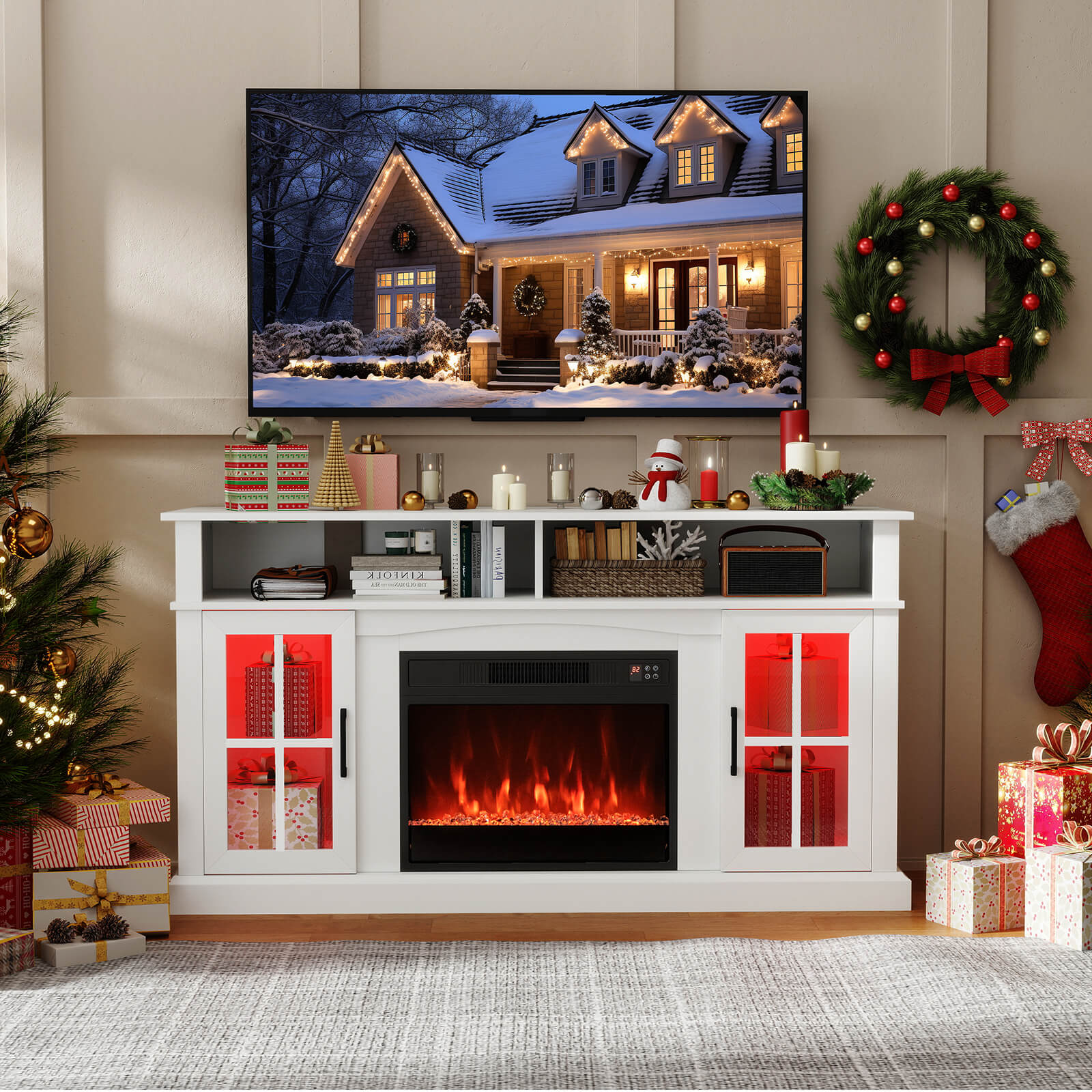 Costway 58" Fireplace TV Stand with LED Lights Entertainment Center for 65 Inch TV White
