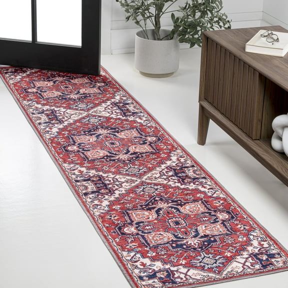 JONATHAN Y WASHABLE 2 x 8 Runner Rug, Cirali Ornate Large Medallion - Red/Navy, WSH105A-28