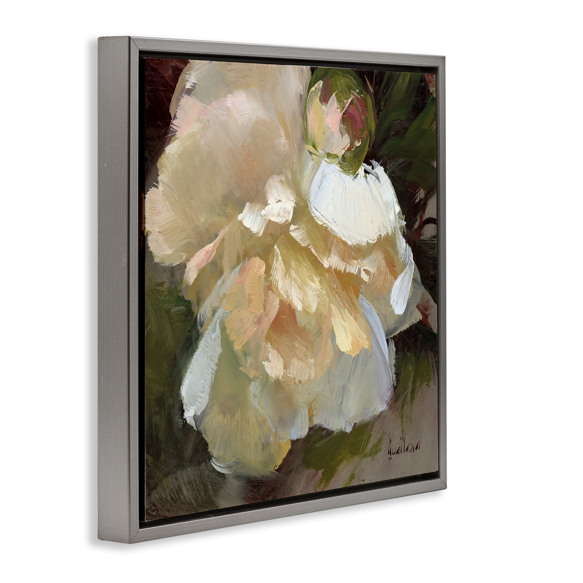 Stupell Industries Ruffled White Flower Plants & Flowers Painting Gray Floater Framed Canvas Art Print Wall Art, 18 x 18
