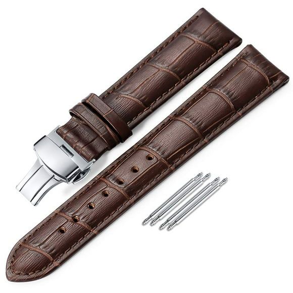 iStrap Leather Watch band -Alligator Grain Embossed Pattern Calfskin Replacement Strap-Stainless Steel Deployment Buckle with Push Buttons-Bracelet for Men Women-18mm 19mm 20mm 21mm 22mm 24mm