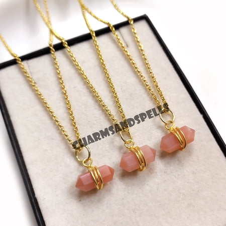 Charms And Spells Natural Peach Moonstone Pendant, 14K Gold Plated, Wire Wrapped, Double Terminated, Birthday Gifts for Her