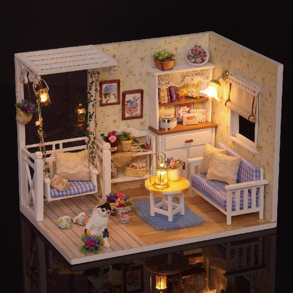 DIY Miniature House Kit Mini Doll House Model Tiny Home Build Diorama Craft Kit with LED Dust Cover for Beginners Christmas Halloween Holiday Birthday Gift for Adult(Cat Room)