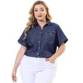 thumbnail image 4 of Women's Plus Size Shirt Short Sleeve Chest Pocket Button Down Denim Shirts Black Blue 2X, 4 of 7