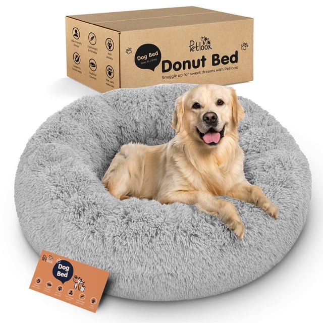 Cama para perros Donut - Comodidad premium para aliviar la ansiedad - Diseño esponjoso y calmante con soporte ultra lujoso | Acogedora cama redonda para perros con estilo circular súper suave (gris, e