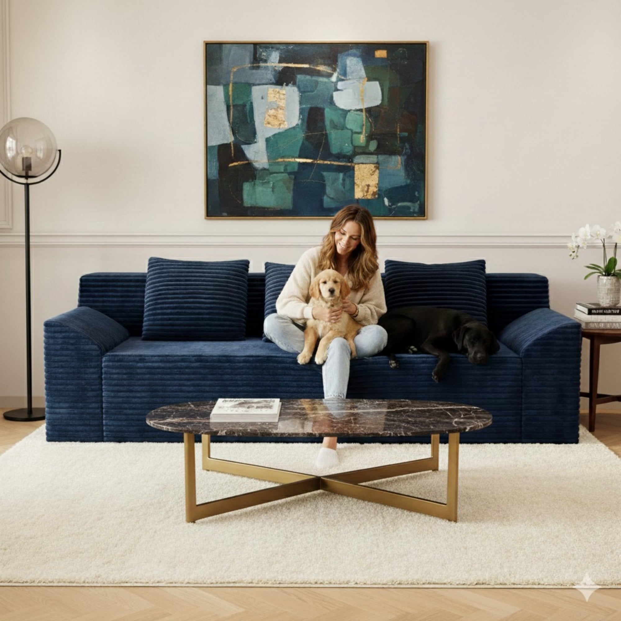 Aukfa 71" 3 Seater Sofa, Corduroy 26" Deep Seat Cloud Couch, No Assembly Boneless Sofa for Living Room, Bedroom, Apartment, Blue