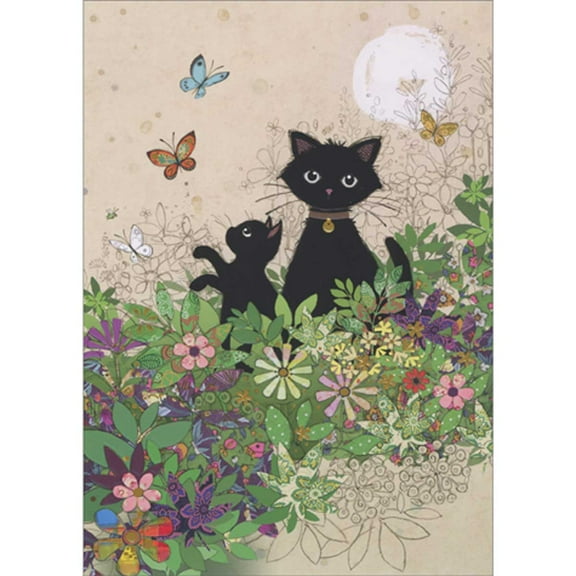 Bug Art Garden Kitties: Black Cat, Kitten and Butterflies Blank Note Card