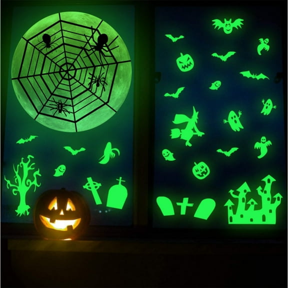 2PCS Halloween Glow in The Dark Window Decals Luminous Stickers Ghost Wall Stickers Bat Wall Stickers Night Glow Decals for Halloween Theme Party GREEN