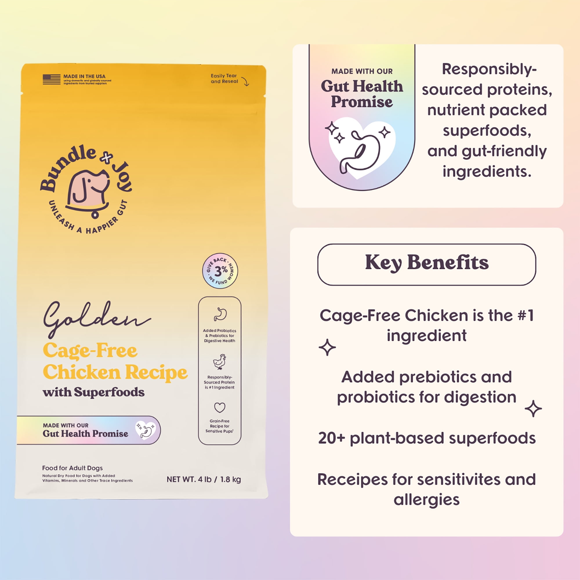 (4 pack) Bundle x Joy Golden Gut-Friendly Cage-Free Chicken Flavor Dry Dog Food, 4 lb Bag