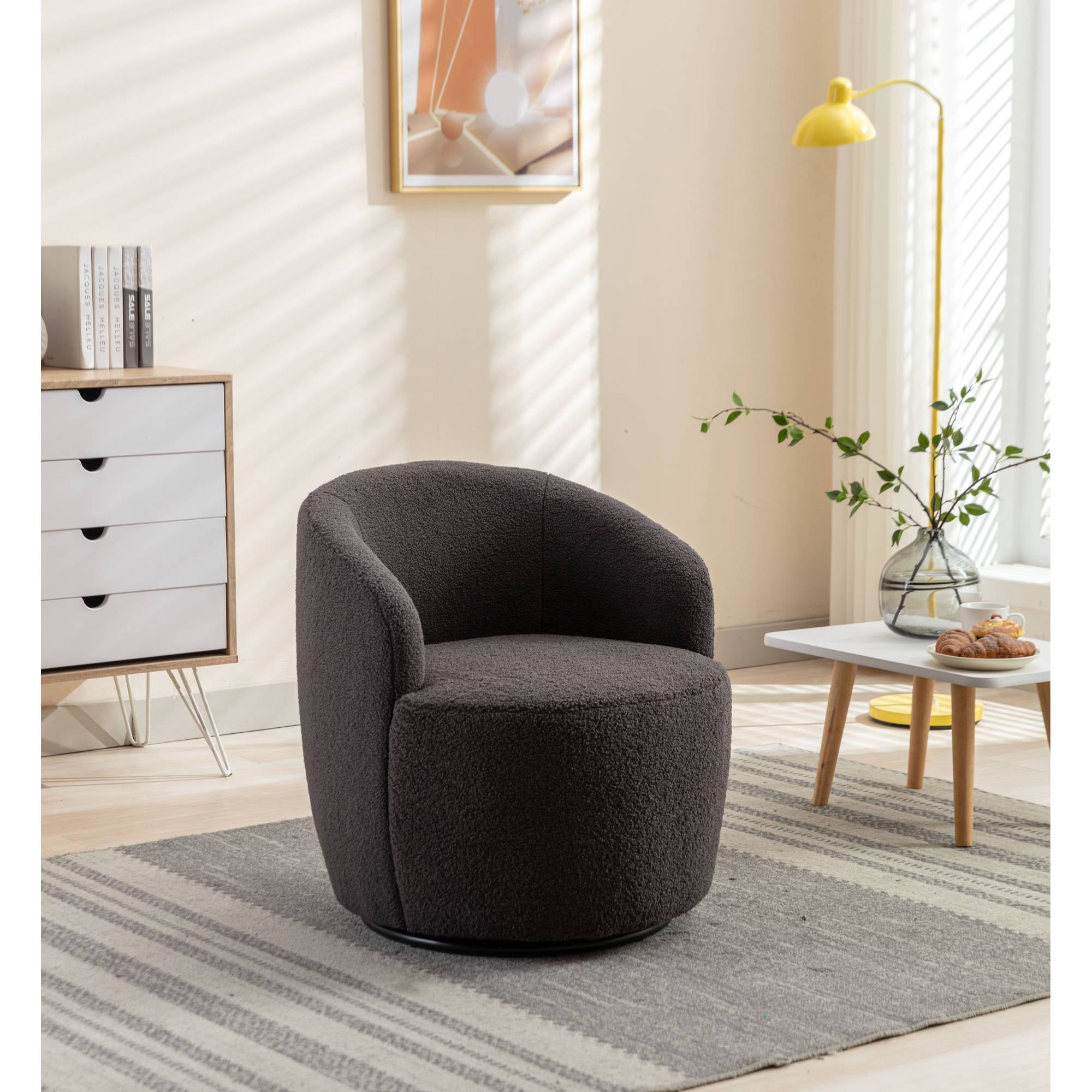 Teddy Swivel Barrel Chair Modern Accent Armchair Chair With Metal Base for Living Room,Dark Gray