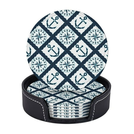 

6 Pcs Leather Coasters Anchor And Compass Pattern In Rope Lattice In Navy Blue And White Coasters For Drinks Cup Mat Pad Housewarming Gift Ideal For Home Decor