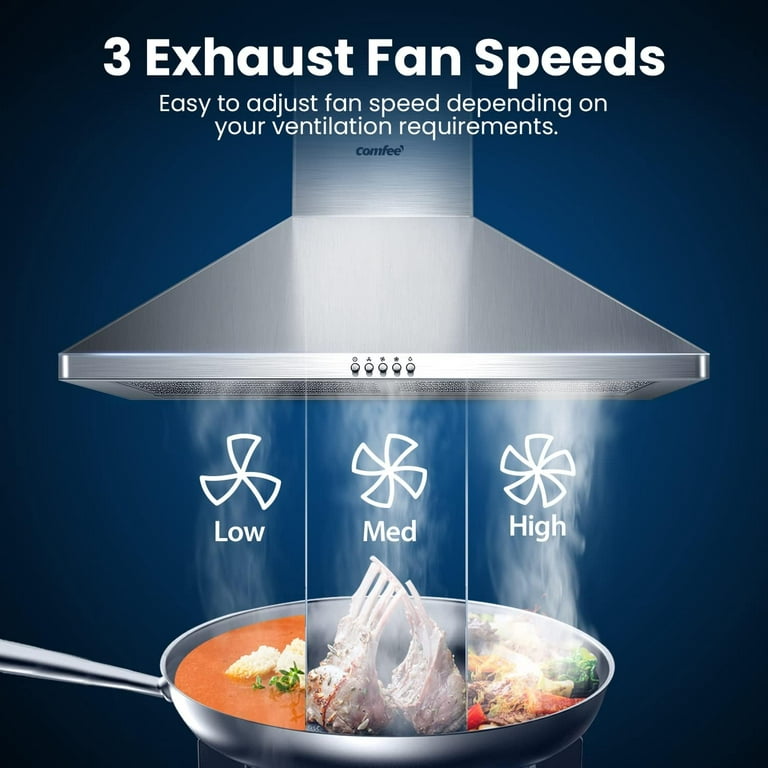 COMFEE' CVP30W6AST Ducted Pyramid Range 450 CFM Stainless Steel Wall Mount  Vent Hood with 3 Speed Exhaust Fan, 5-Layer Aluminum Permanent Filters, Two