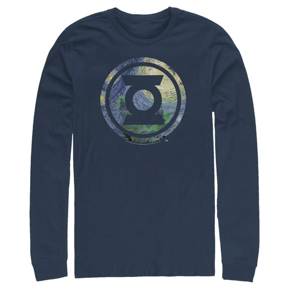 Men's Justice League Green Lantern Starry Night Logo  Long Sleeve Shirt Navy Blue Large