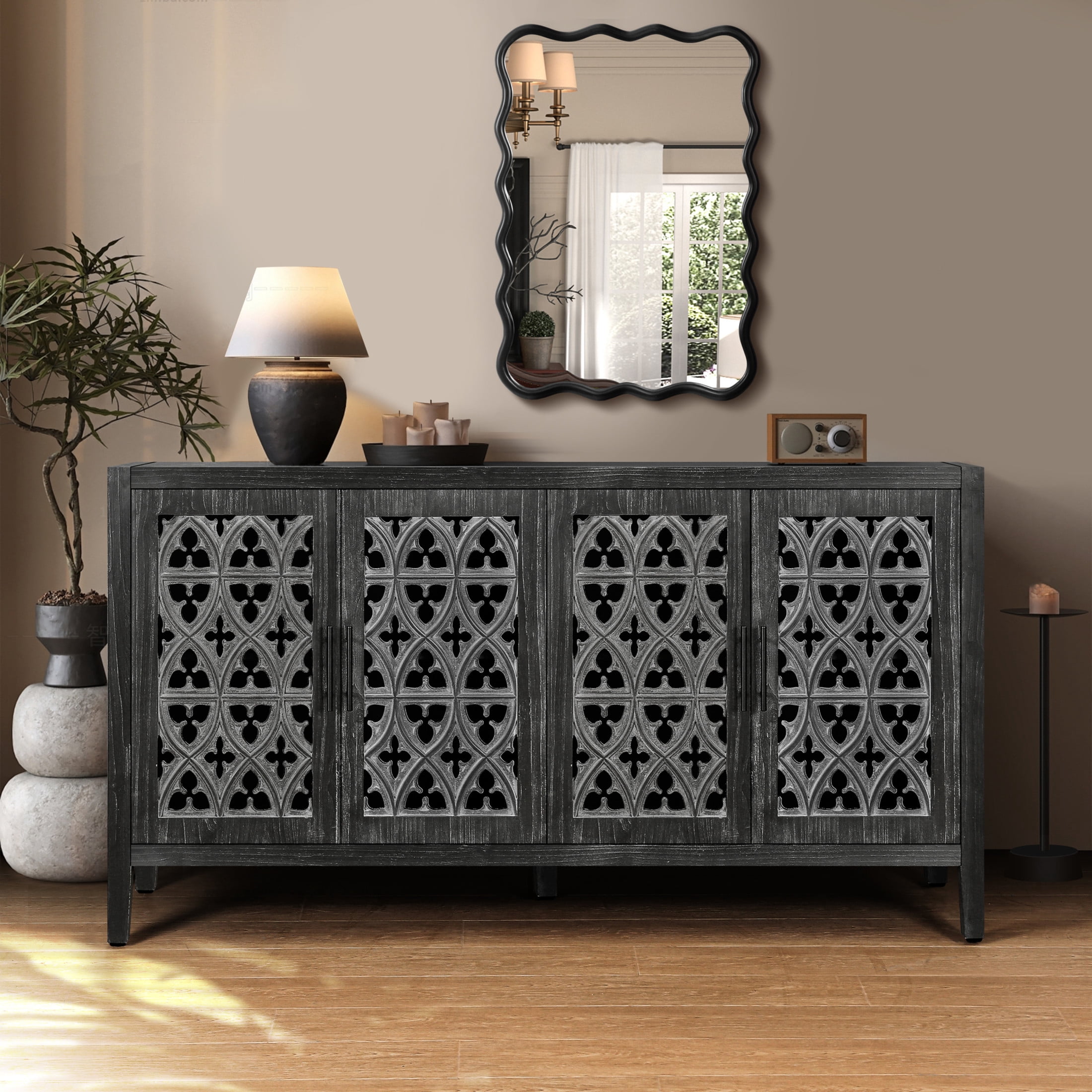 Noble House Hollow Four Door Antique Cabinet, American Country Style, Suitable for Living Room, TV Cabinet, Kitchen, Antique Black