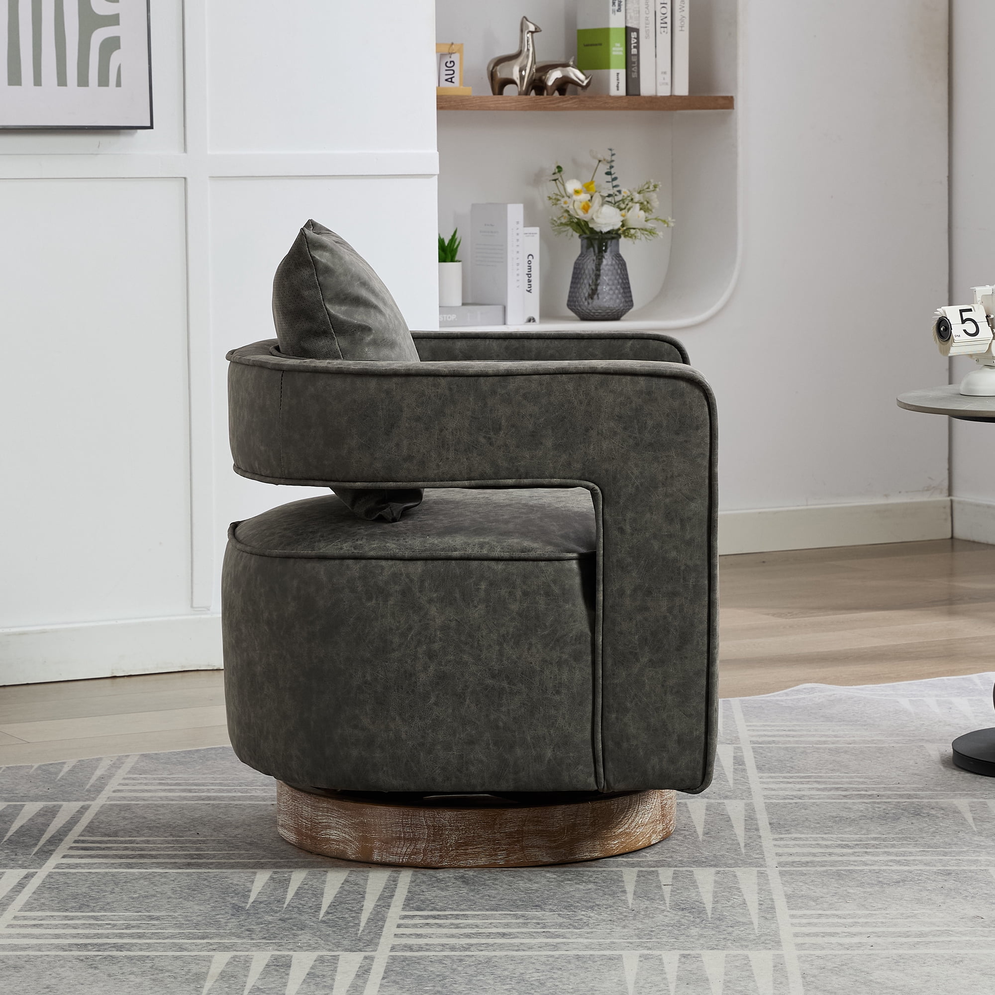 Leumius Swivel Accent Chair with Open Back,Modern Single Sofa Chair With Weathered Base for Nursery Bedroom Living Room Hotel Office, Club Chair Leisure Arm Chair for Lounge,Gray PU