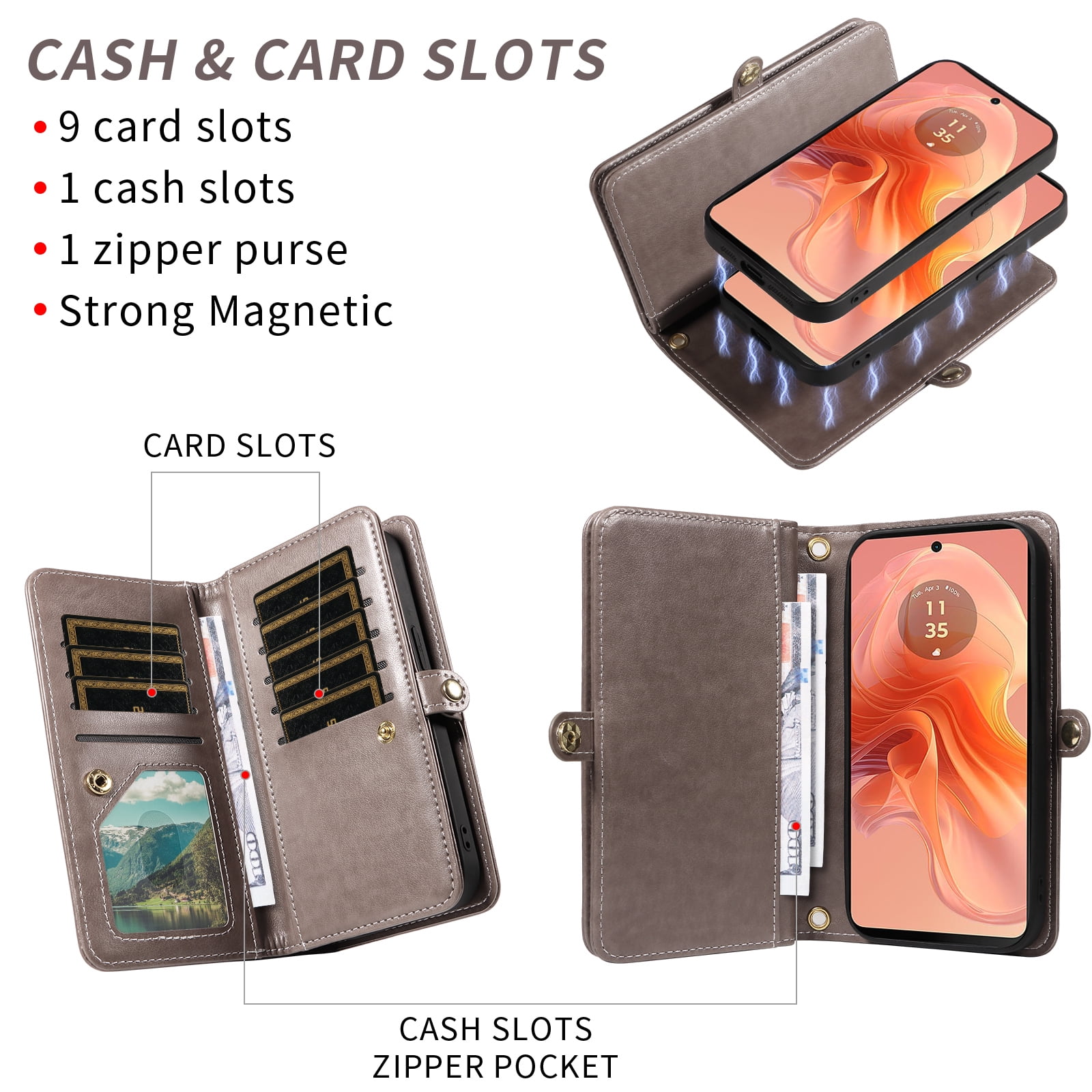 Asuwish Phone Case for Motorola Moto G04/G04s/G24/E14 4G Zipper Wallet Detachable Cell Cover with Tempered Glass Screen Protector Lanyard Strap Flower Flip Card Holder GO4 G 04 04s 24 E 14 Women Gray