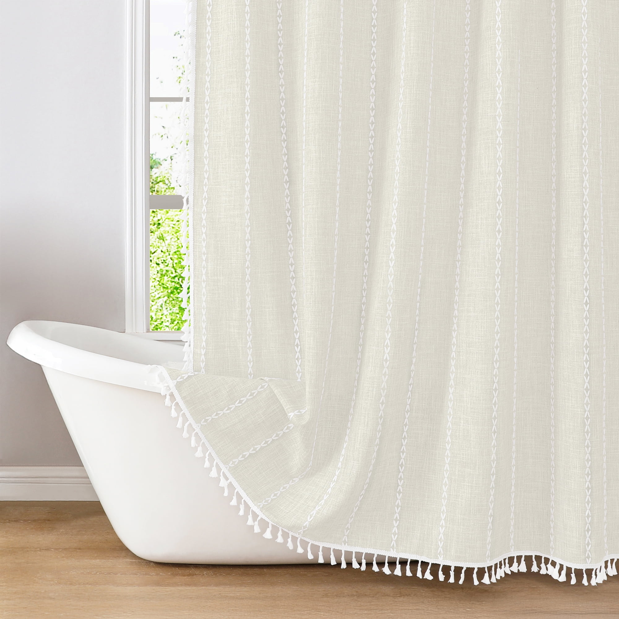 Americanflat 71x71 Woven Linen Ivory Shower Curtain with Tassel Accents - Includes 12 Grommets and Hooks - 100% Polyester