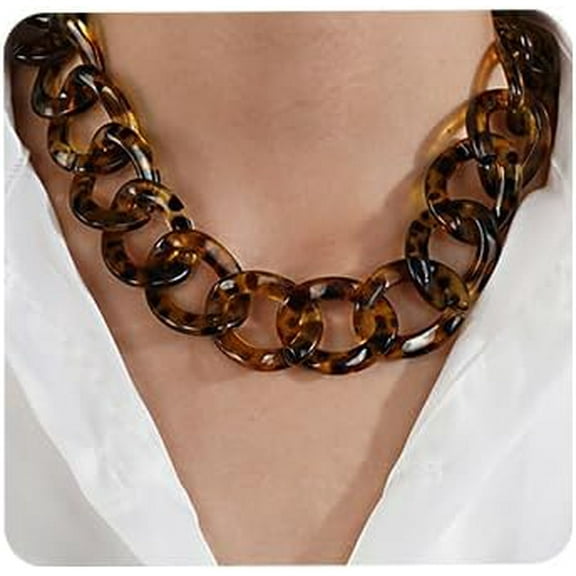 Punk Chunky Leopard Print Link Chain Acrylic Choker Necklace for Women Oval Link Chain Faux Tortoise Shell Necklace Hiphop Costume Accessories