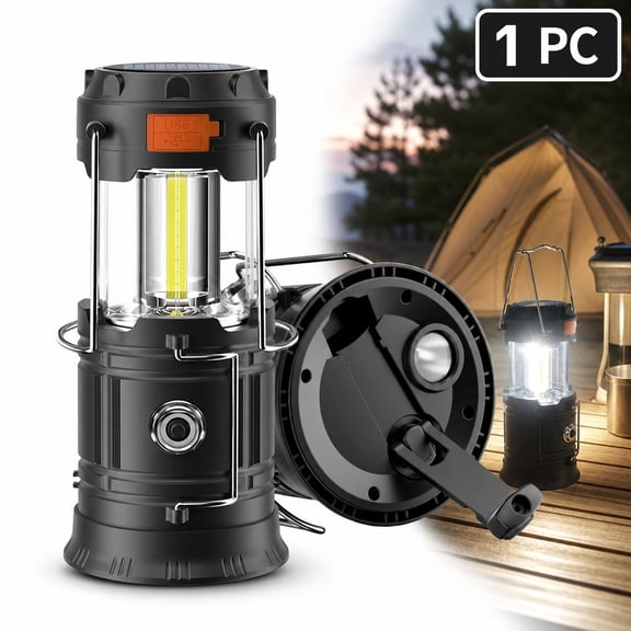 Hand Crank Solar Rechargeable LED Camping Lantern, Type-C Charging Emergency Light with Built-In 1200mAh Battery, Power Outage, Matte Black
