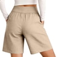 thumbnail image 3 of Women's Cotton Linen Mid Rise Elastic Waist Shorts with Pockets Cozy Fashion Solid Casual Knee Length Summer Beach Daily Shorts 01-Beige XXL, 3 of 4