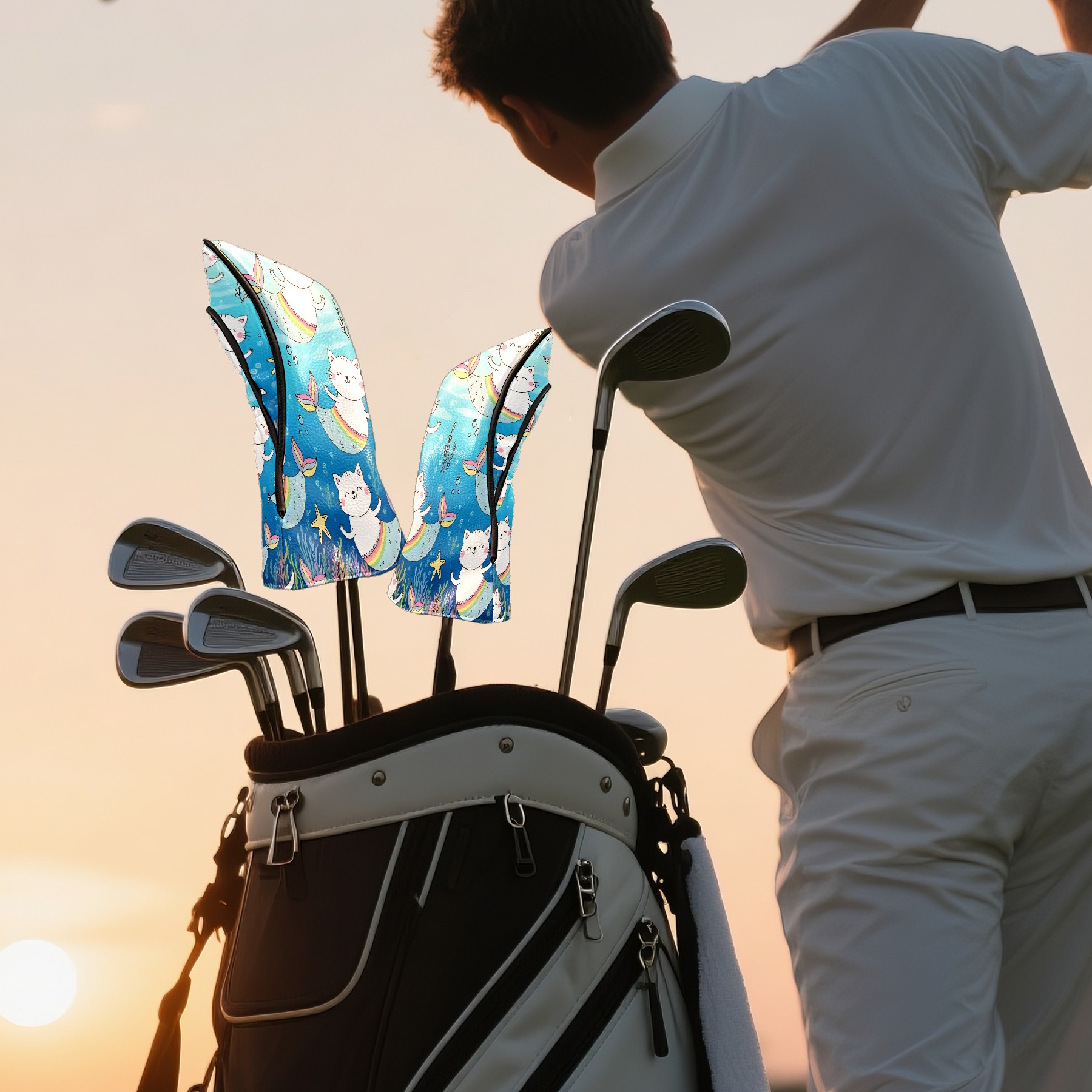 Golf Club Head Covers - Mermaid Cat Blue Design, Premium PU Leather Driver Hybrid Headcovers with Velvet Lining, Waterproof Golf Gifts for Men Women